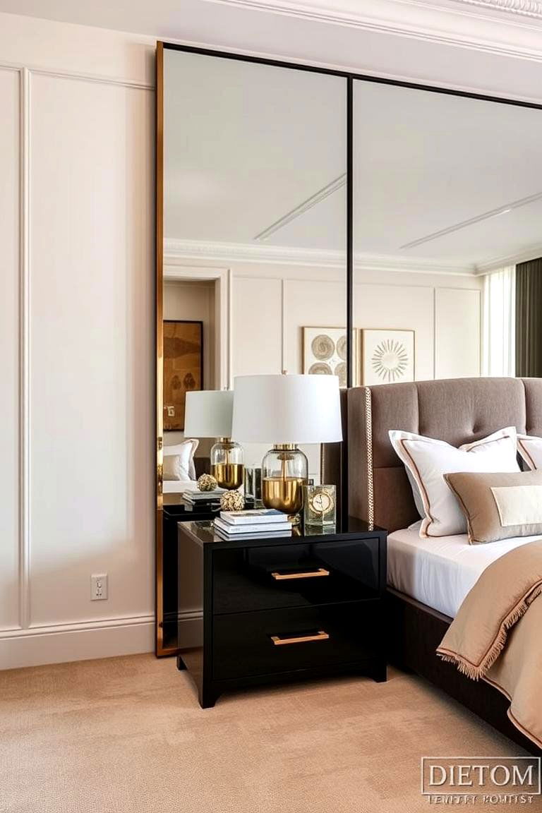 Framed Rectangular Mirror with Modern Nightstand - 24 Mirror Behind Nightstand Design Ideas