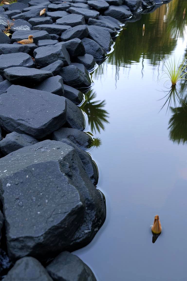 Framing a Natural Pond with Black River Rock - 24 Black River Rock Landscaping Ideas