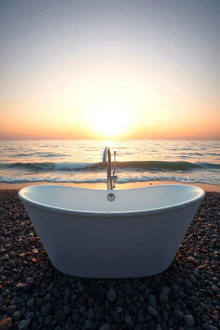Freestanding Tub on a Pebble Beach - 24 Outdoor Bathtub Ideas