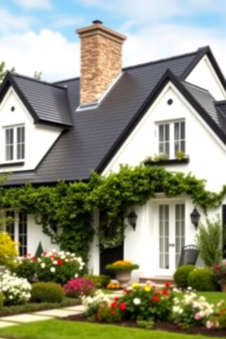 French Country with Stone Details - 24 White Exterior Home with a Black Roof Ideas