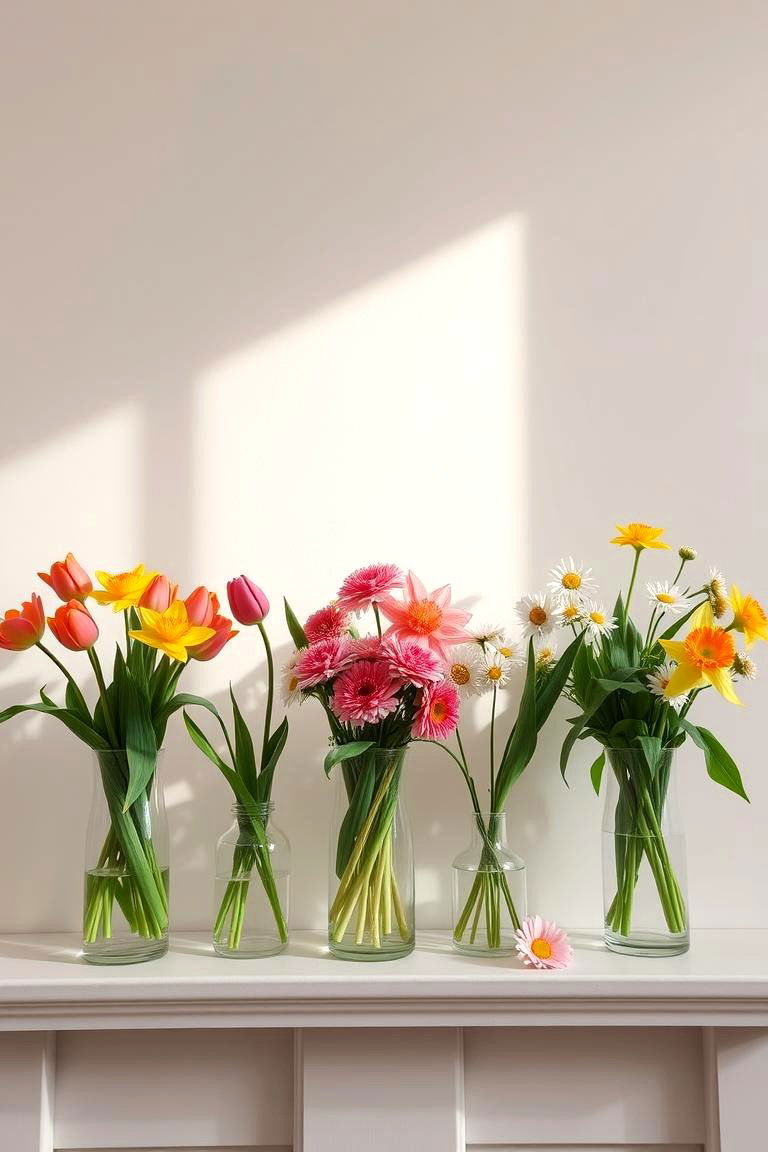 Fresh Flowers in Glass Vases - 24 Spring Mantel Decor Ideas