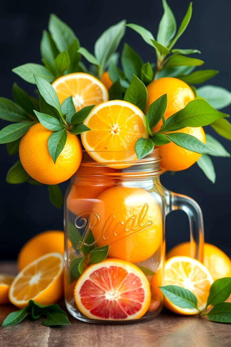 Fresh and Lively Citrus Accents and Green Foliage - 24 Mason Jar Wedding Centerpieces