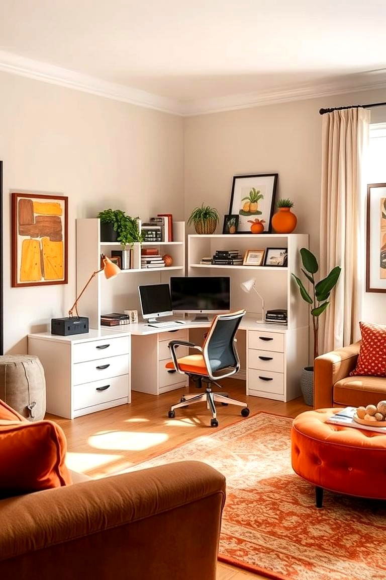 Functional Burnt Orange Home Office Corner - 24 Burnt Orange Living Room Ideas