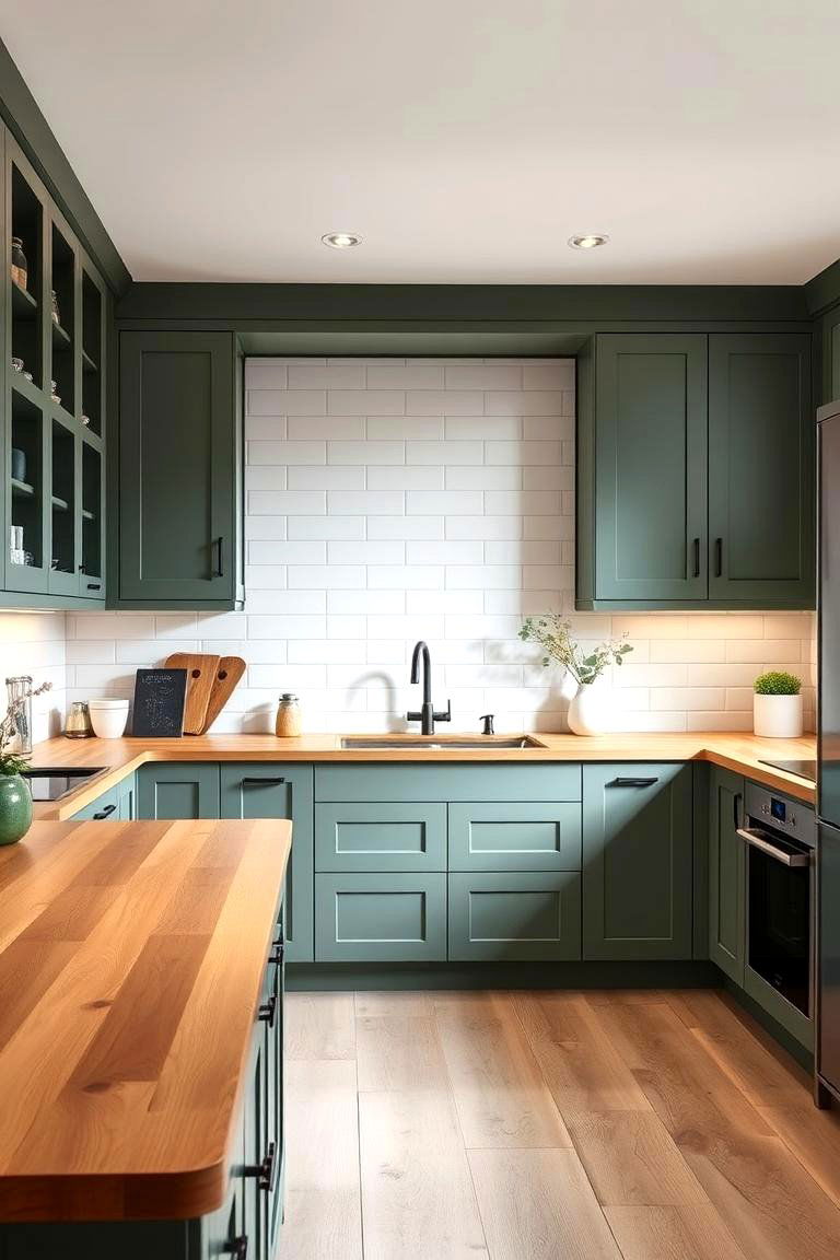 Functional Layout and Storage - 24 Sage Green Kitchen Cabinets With Butcher Block Countertops