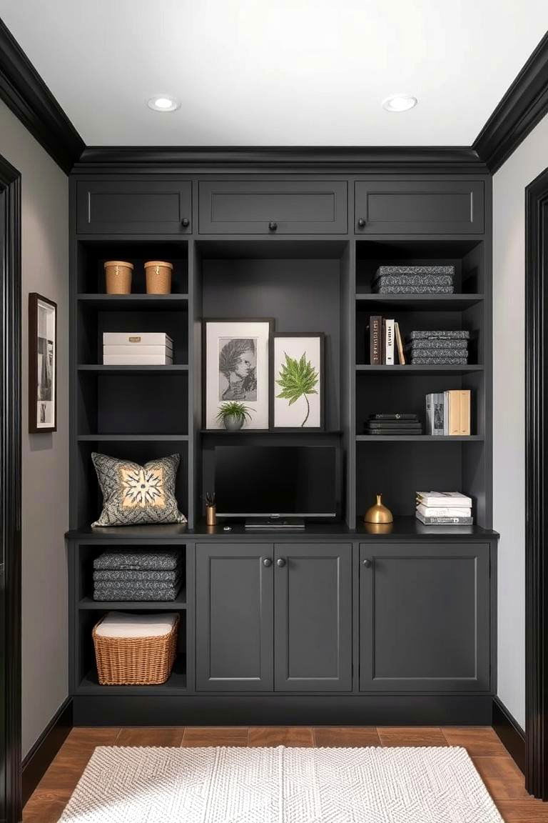 Functional Storage Integration - 24 living room grey walls black trim