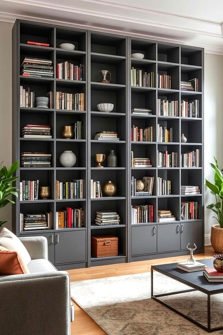 Functional Style with Gray Bookshelves - 24 Gray Living Room Ideas