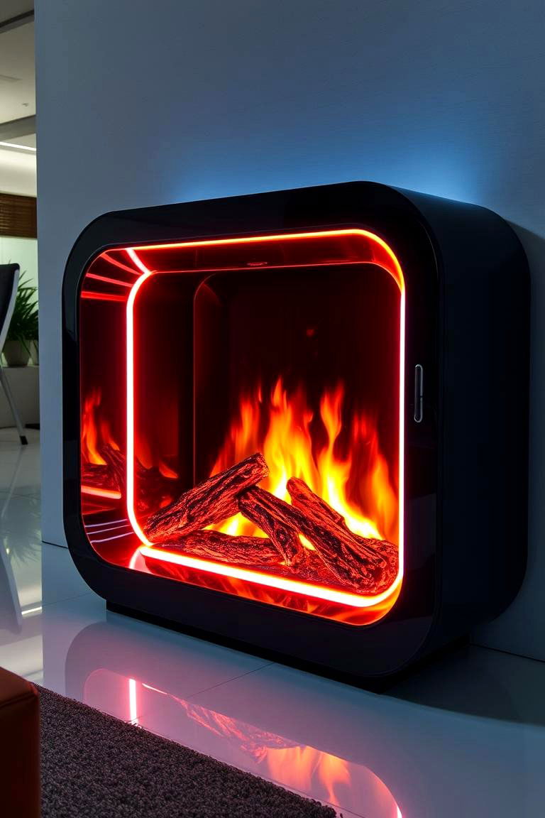 Futuristic Black Fireplace with LED - 24 Black Fireplace Ideas