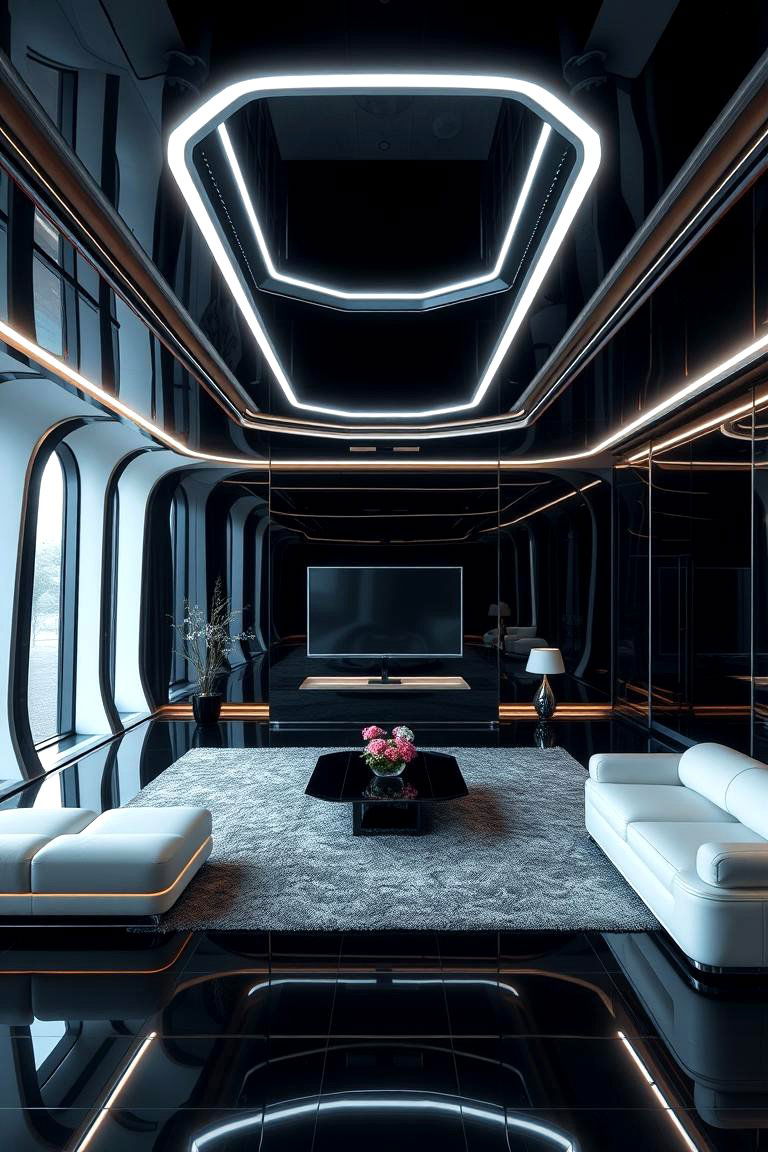 Futuristic Black Interiors - 24 Black Living Room Ideas