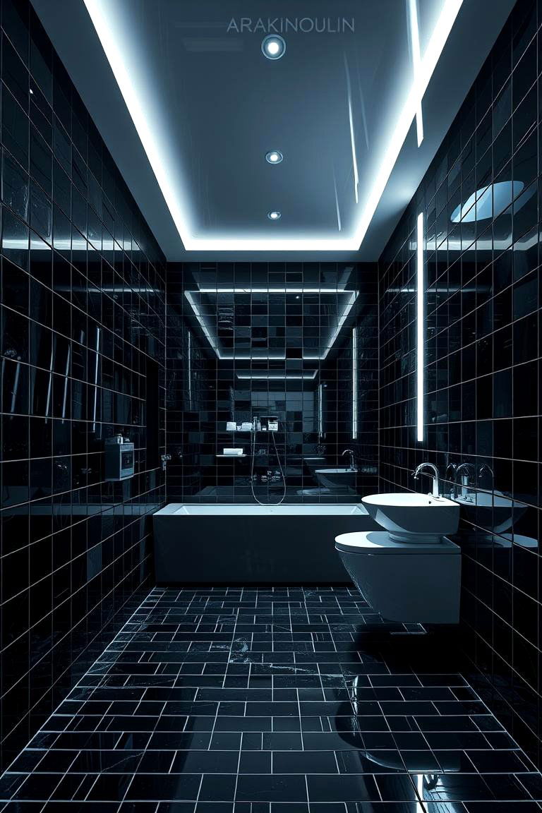 Futuristic Black Metallic Tiles - 24 Black Floor Bathroom Ideas
