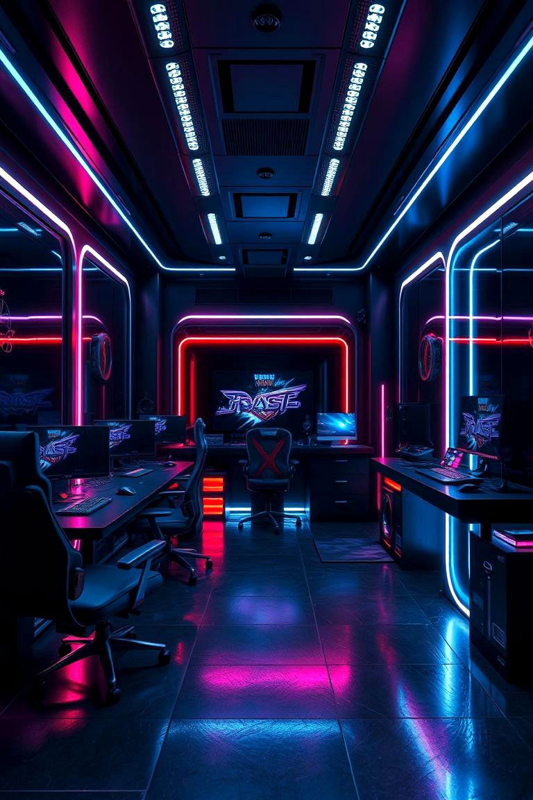 Futuristic Cyberpunk Vibes - 24 Black Gaming Room Ideas
