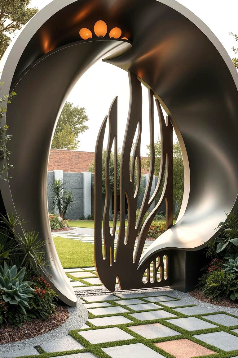 Futuristic Sculptural Metal Gate - 24 Metal Garden Gate Ideas