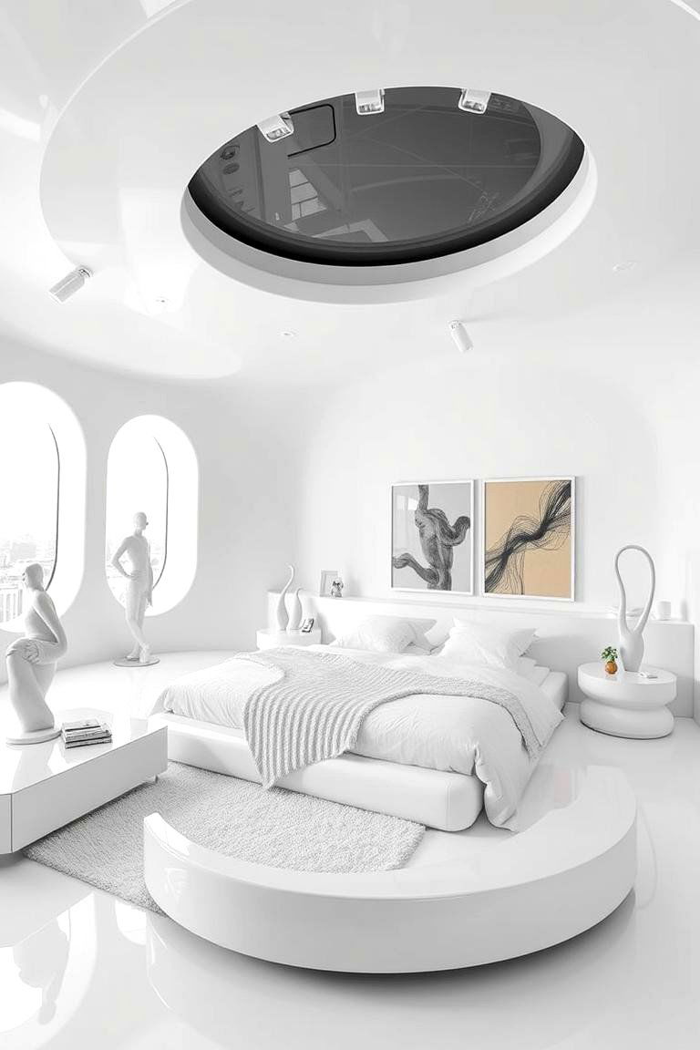 Futuristic White with Modern Art - 24 White Bedroom Ideas
