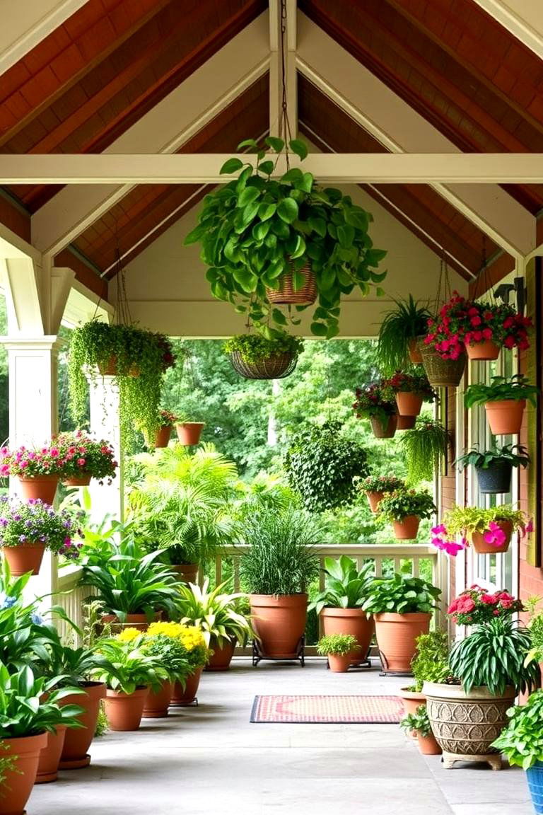 Gable Porch with Hanging Plants - 24 Open Gable Porch Ideas