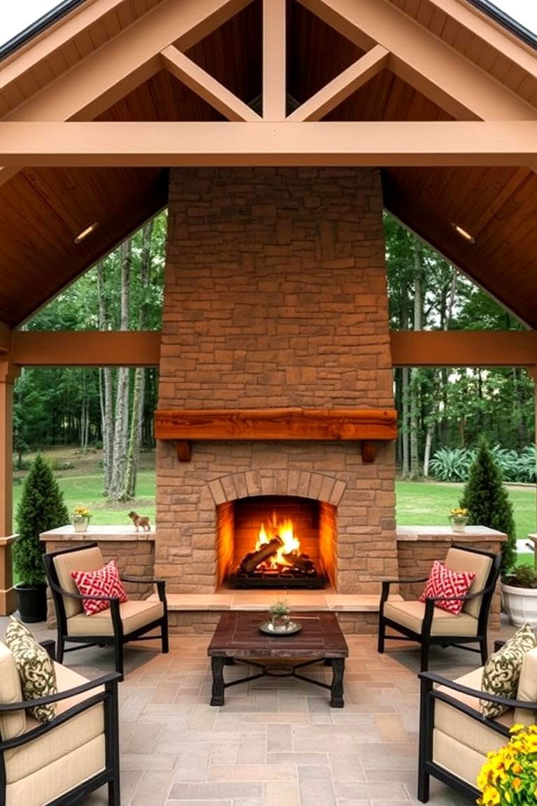 Gable Porch with Outdoor Fireplace - 24 Open Gable Porch Ideas