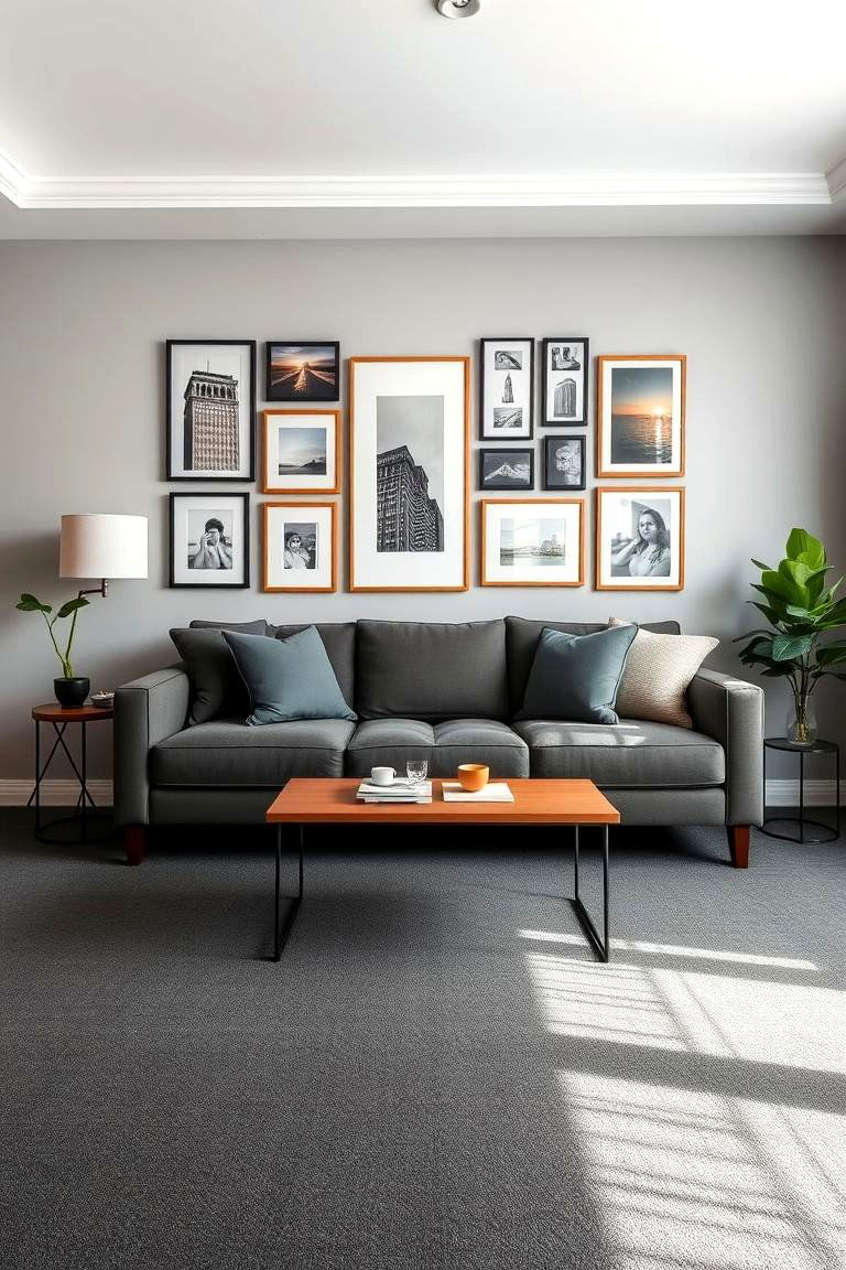 Gallery Wall Above Grey Carpet - 24 grey carpet living room ideas