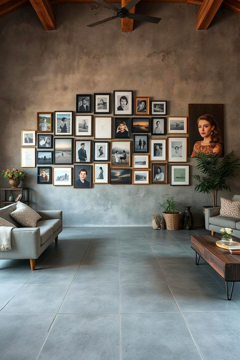 Gallery Wall Backdrop - 24 Rustic Concrete Floor Living Room Ideas