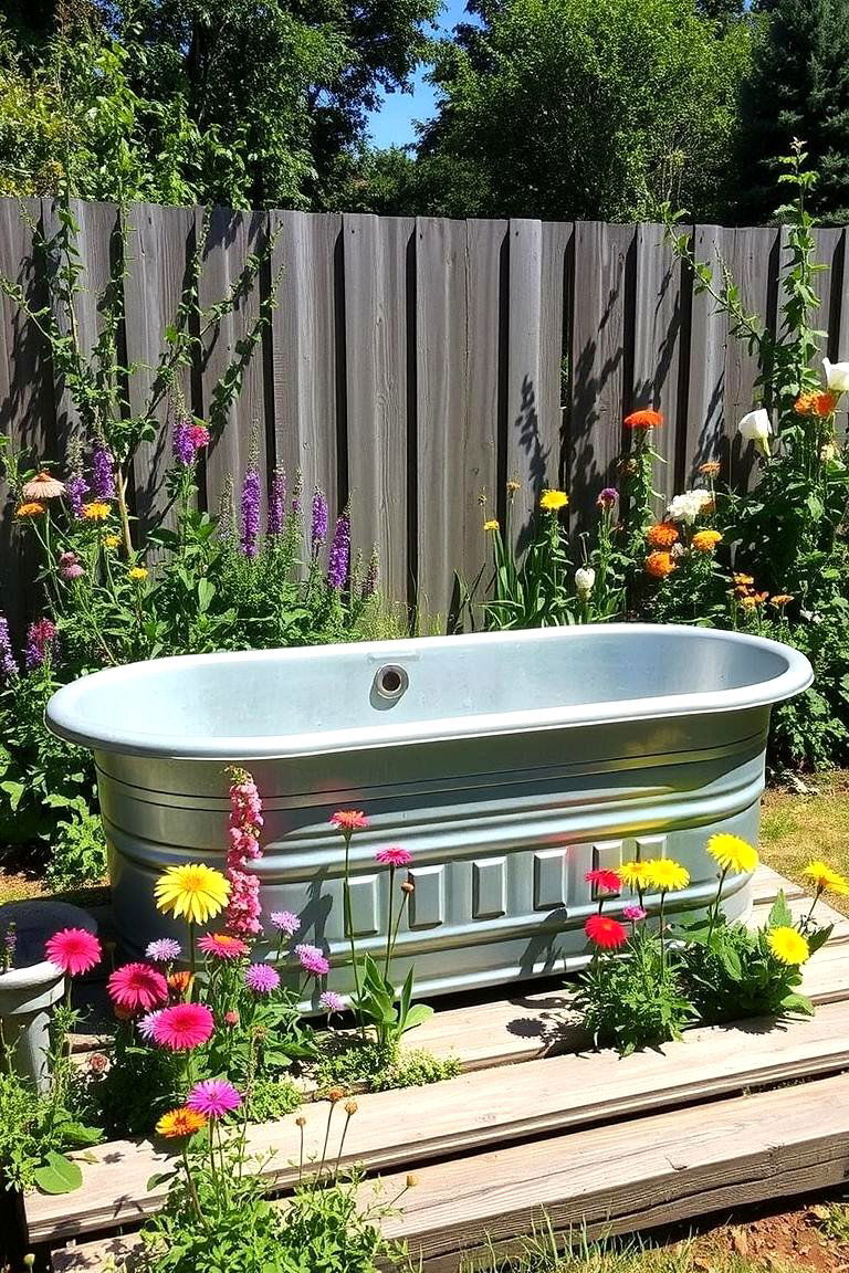 Galvanized Steel Tub with Wildflowers - 24 Outdoor Bathtub Ideas