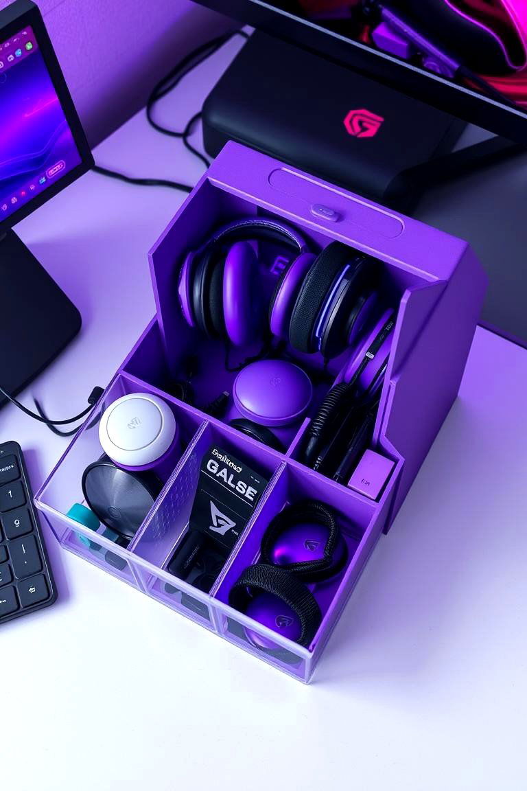 Gaming Accessories Organizer in Purple - 24 Purple Gaming Setup Ideas