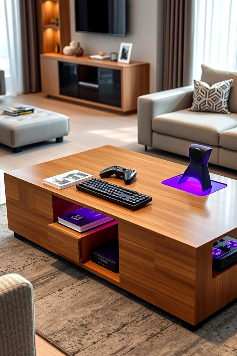 Gaming Coffee Table with Purple Accents - 24 Purple Gaming Setup Ideas