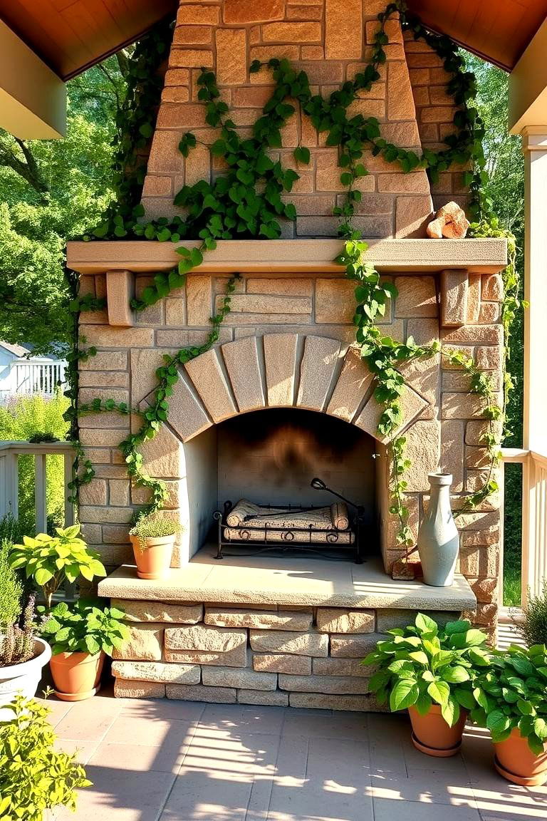 Garden Inspired Outdoor Fireplace with Greenery - 24 Porch Fireplace Ideas
