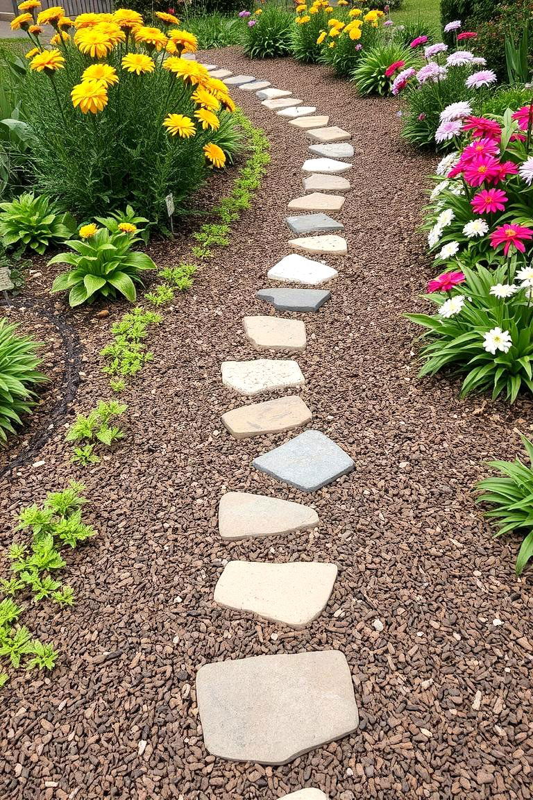 Garden Mulch Path with Decorative Stones - 24 Mulch Pathway Ideas