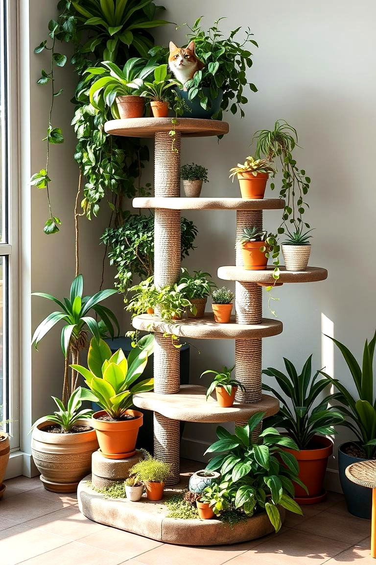 Garden Themed Cat Tree with Potted Plants - 24 Outdoor Cat Tree Ideas