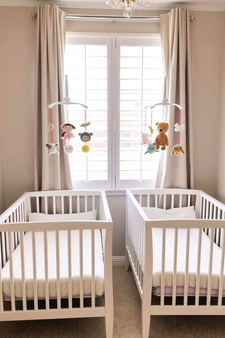 Gentle Mobiles Over Each Crib - 24 Twin Nursery Ideas