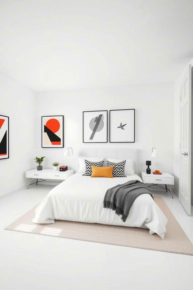 Geometric Accents - 24 Small White Bedroom Ideas