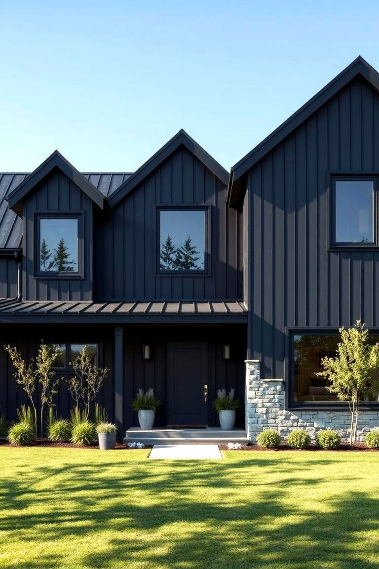Geometric Black Facade - 24 Black Modern Farmhouse Exterior Design Ideas