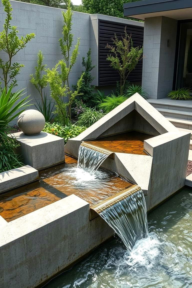 Geometric Concrete Water Features - 24 Concrete Garden Ideas