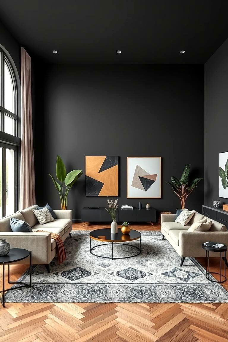 Geometric Design Focus - 24 Contrasting Living Rooms With Dark Grey Walls