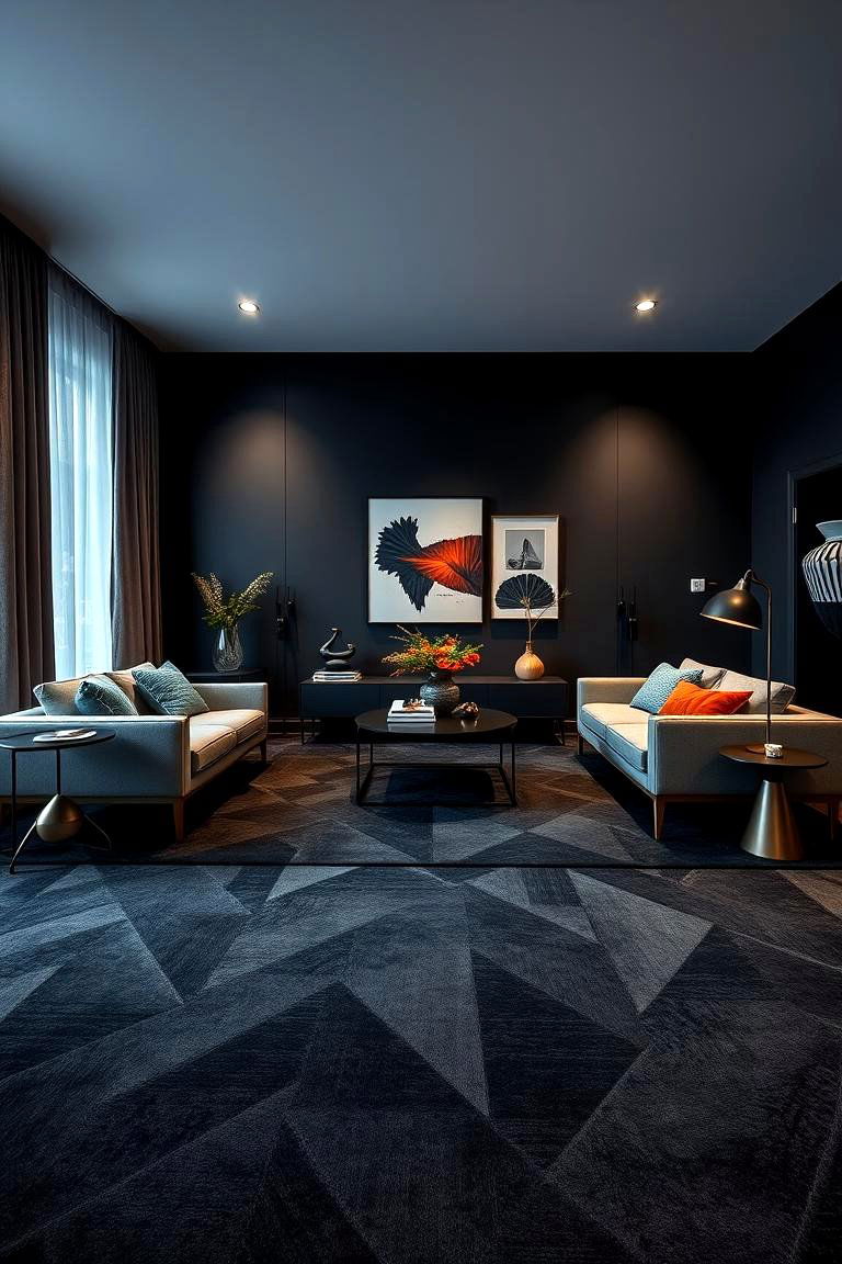 Geometric Elegance - 24 Black Carpet Living Room Ideas