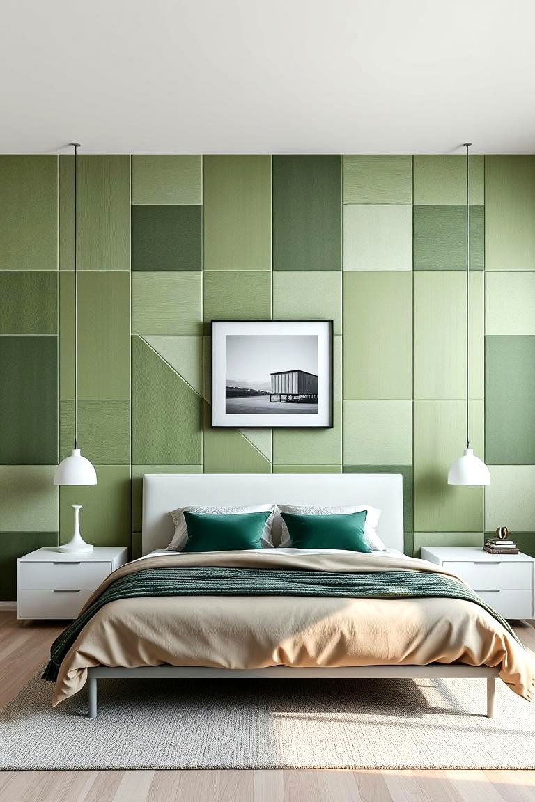 Geometric Green Panelling Statement - 24 Green Panelling Bedroom Ideas