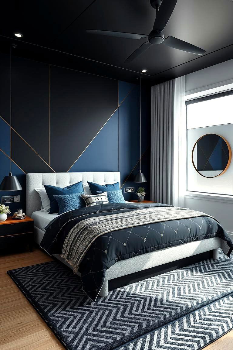 Geometric Harmony in Black and Blue Designs - 24 Black and Blue Bedroom Ideas