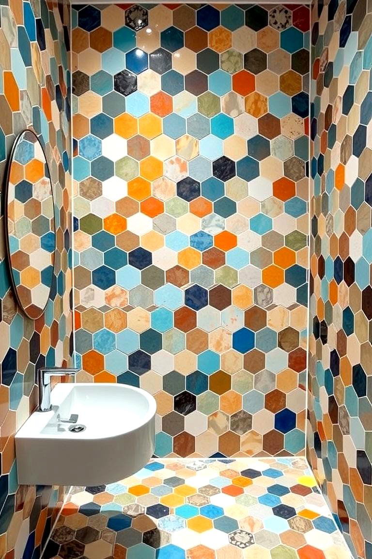 Geometric Mosaic Mix - 24 Hexagon Tiles Ideas for Bathrooms