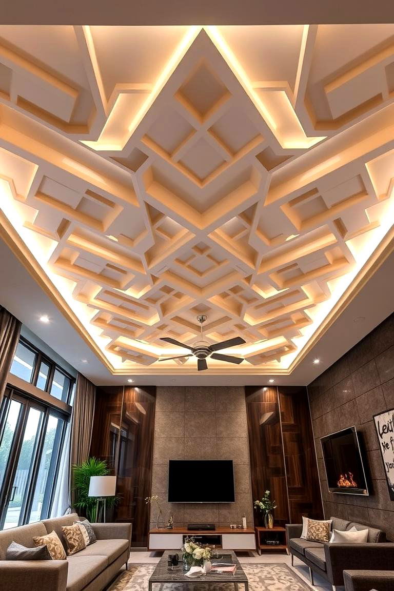Geometric Pattern False Ceiling Creativity - 24 Living Room False Ceiling Design Ideas