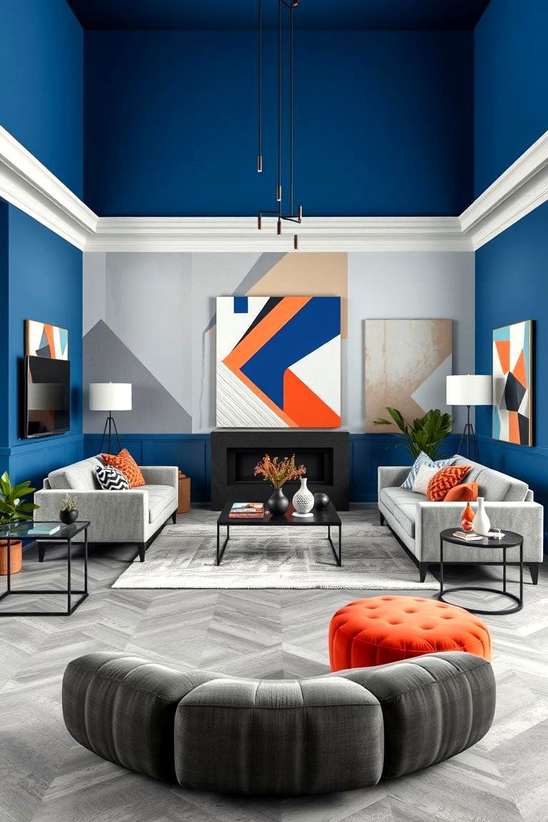 Geometric Pattern Play - 24 grey floor living room with blue walls ideas