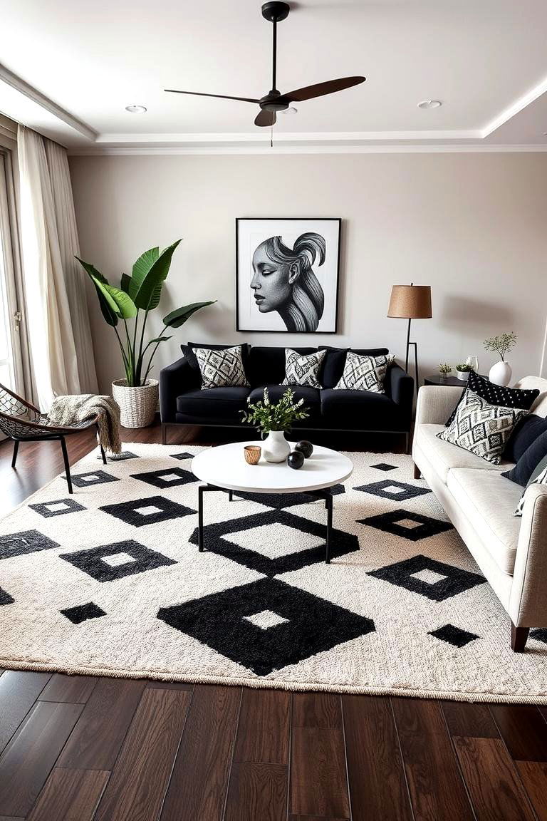 Geometric Pattern Play - 24 Black and Beige Living Room Ideas