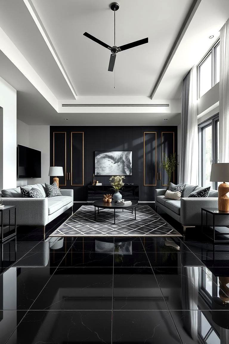 Geometric Patterned Accents - 24 Black Floor Living Room Ideas