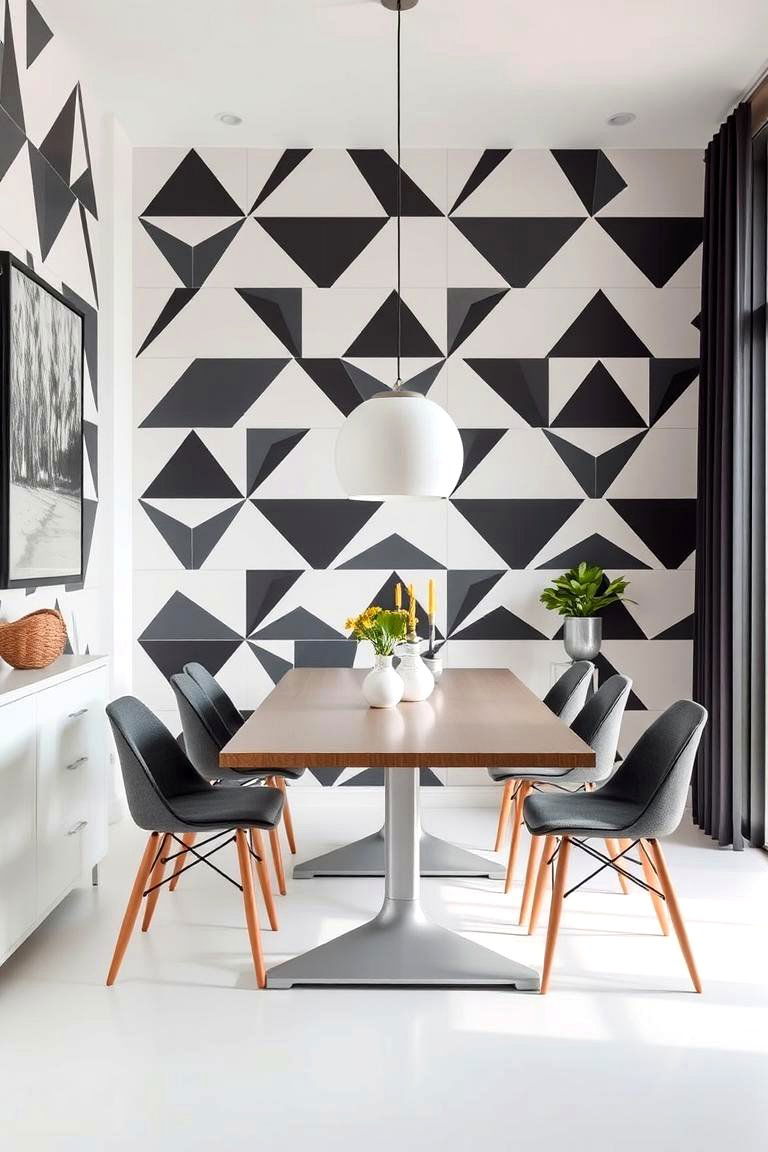Geometric Patterned Black Wall - 24 Black Accent Wall Dining Room Ideas