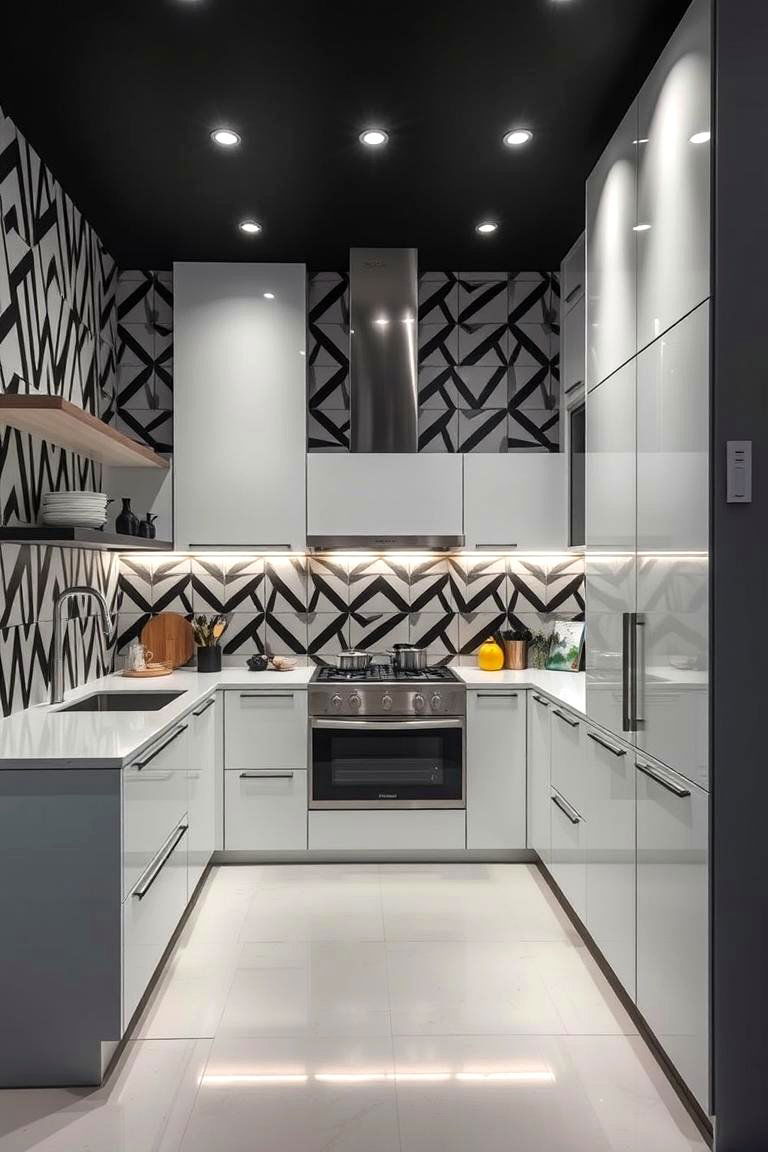 Geometric Patterned Black and White Walls - 24 Black and White Kitchen Ideas