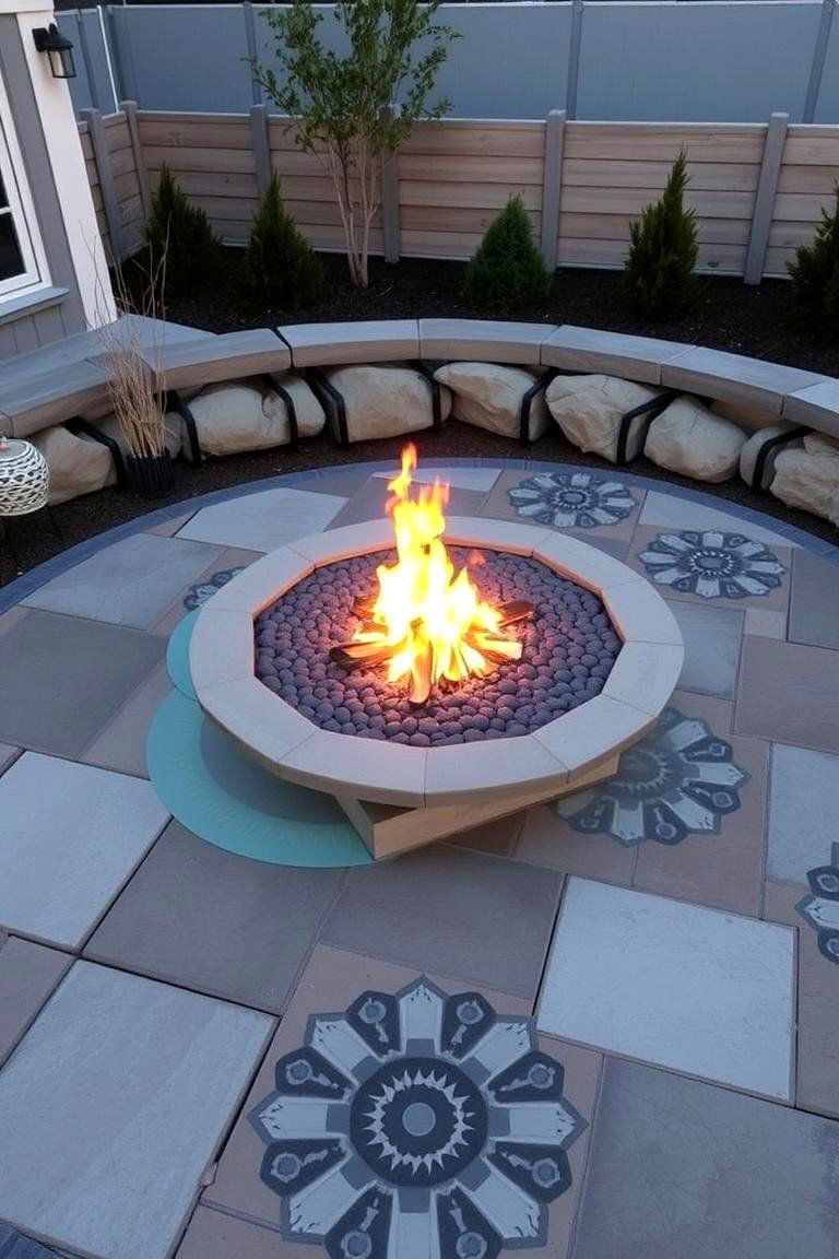 Geometric Patterned Concrete Fire Pit - 24 Concrete Paver Patio Fire Pit Ideas