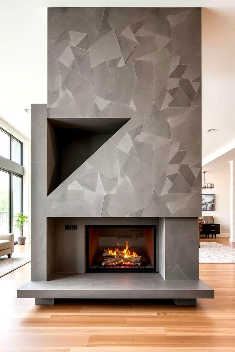 Geometric Patterned Concrete Fireplace - 24 Concrete Fireplace Ideas