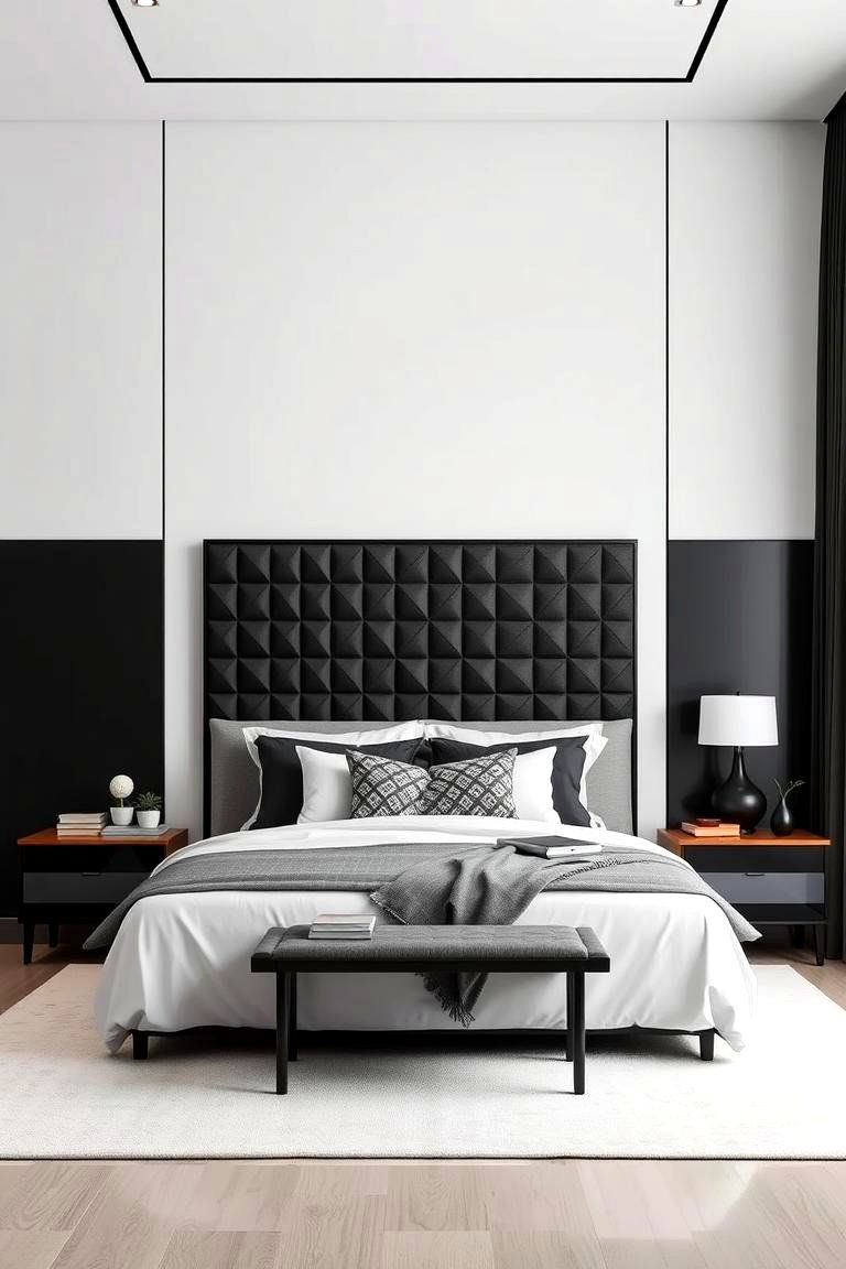 Geometric Patterned Feature - 24 Black Headboard Bedroom Ideas