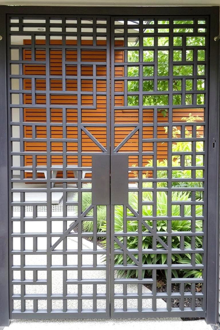 Geometric Patterned Metal Gate with Symmetry - 24 Metal Garden Gate Ideas