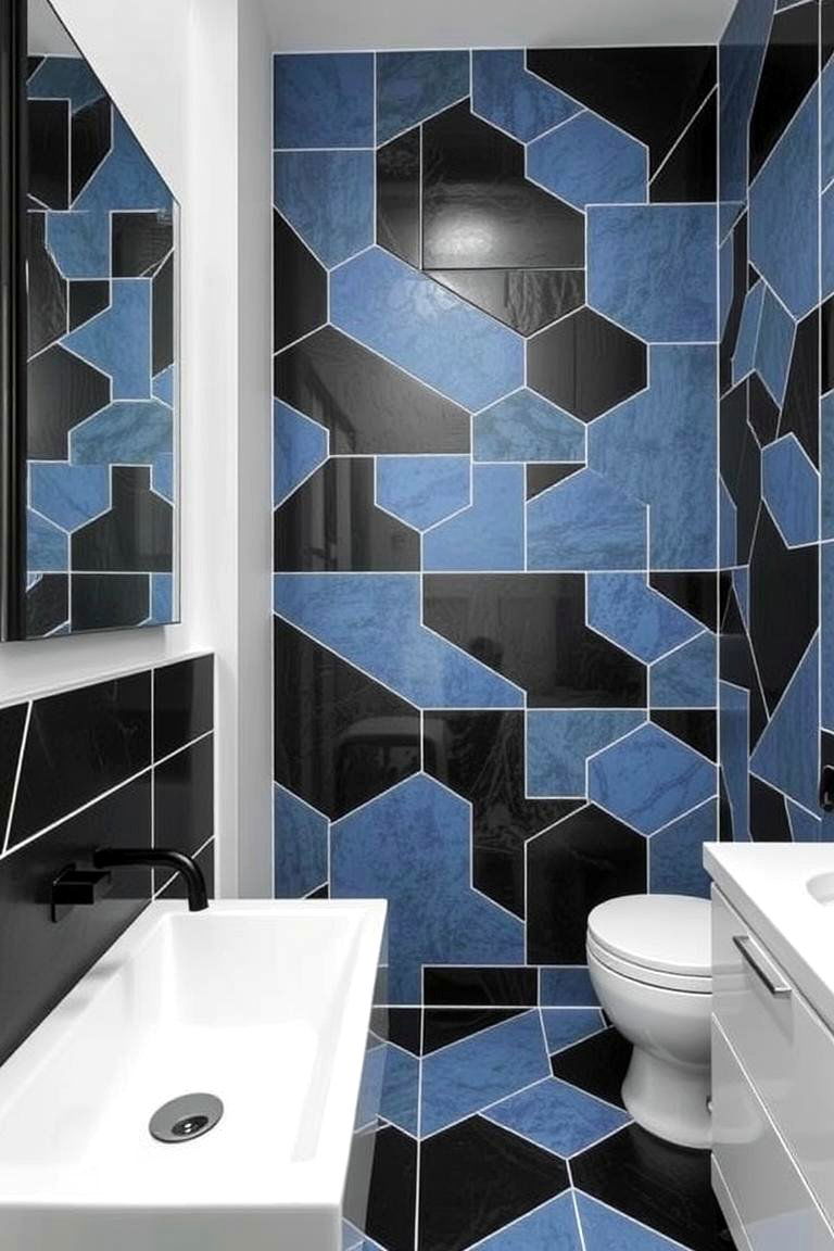 Geometric Patterned Tiles - 24 black and blue bathroom ideas