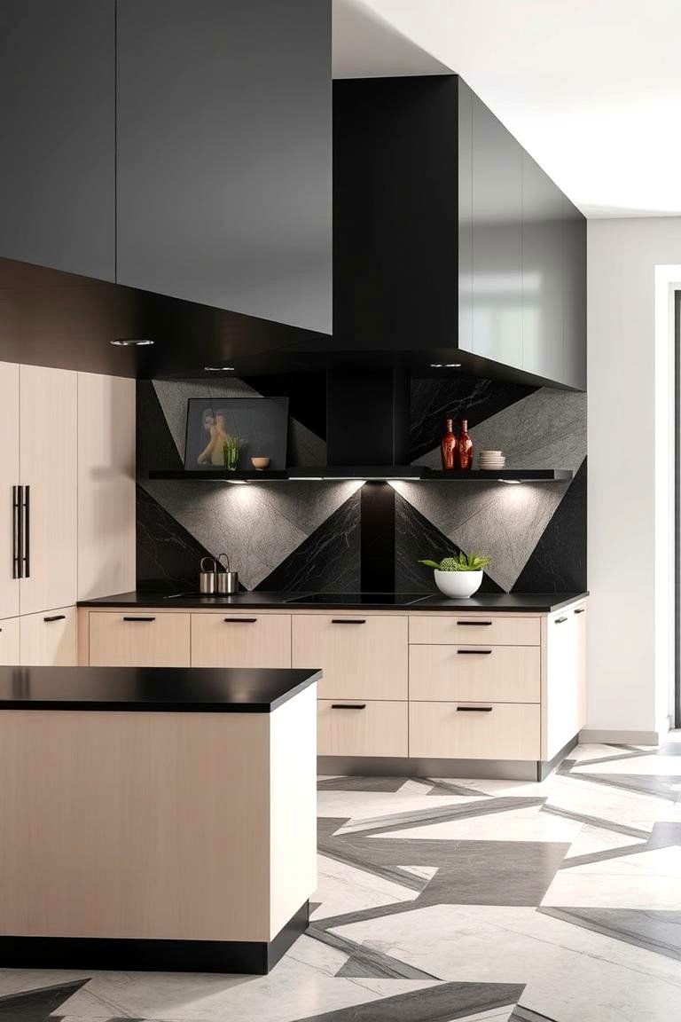 Geometric Patterns and Clean Lines - 24 kitchen with dark countertops and light cabinets