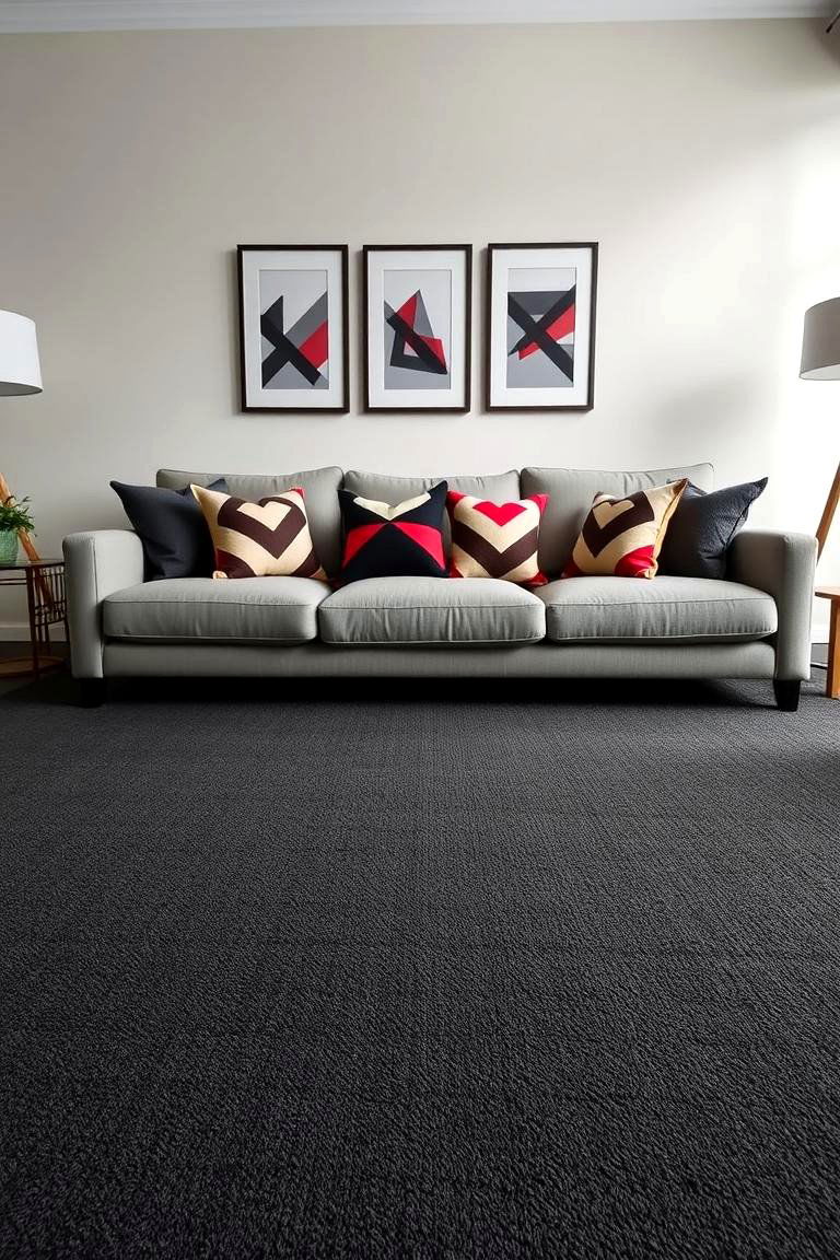 Geometric Patterns for Modern Flair on Grey Carpet - 24 grey carpet living room ideas