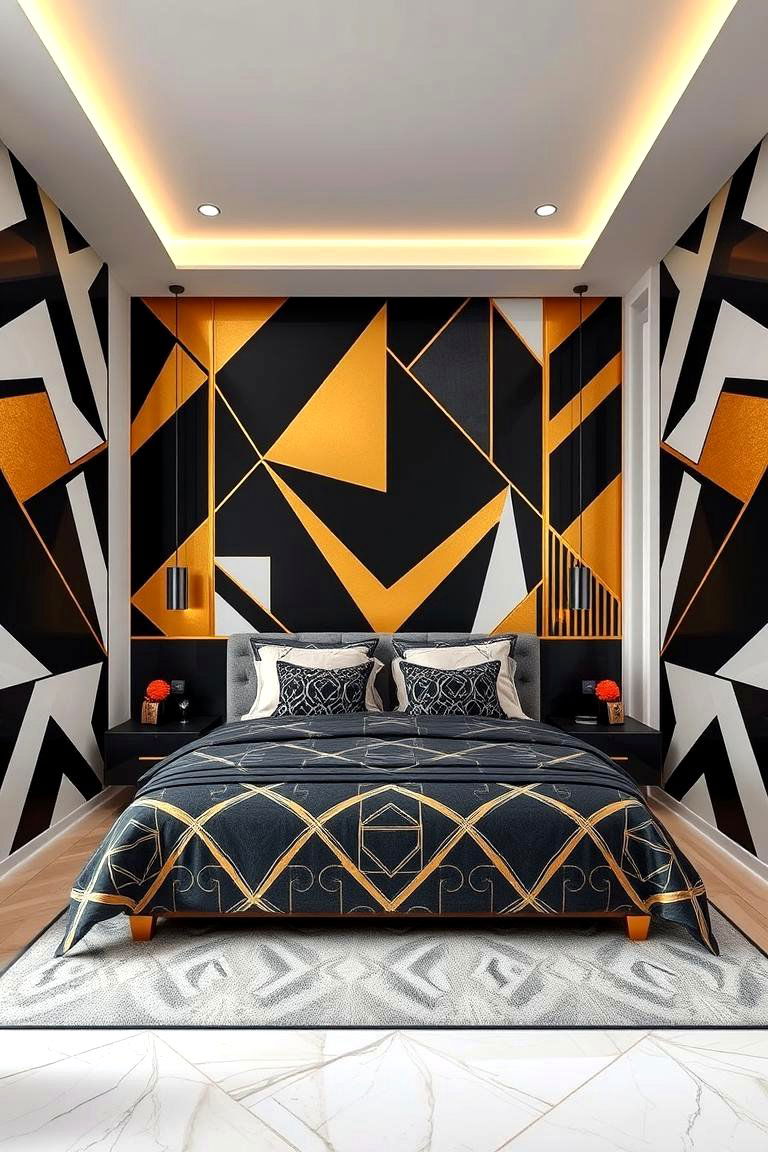 Geometric Patterns in Black and Gold - 24 Black and Gold Bedroom Ideas