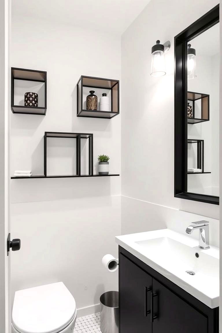 Geometric Shelving - 24 Black and White Powder Room Ideas